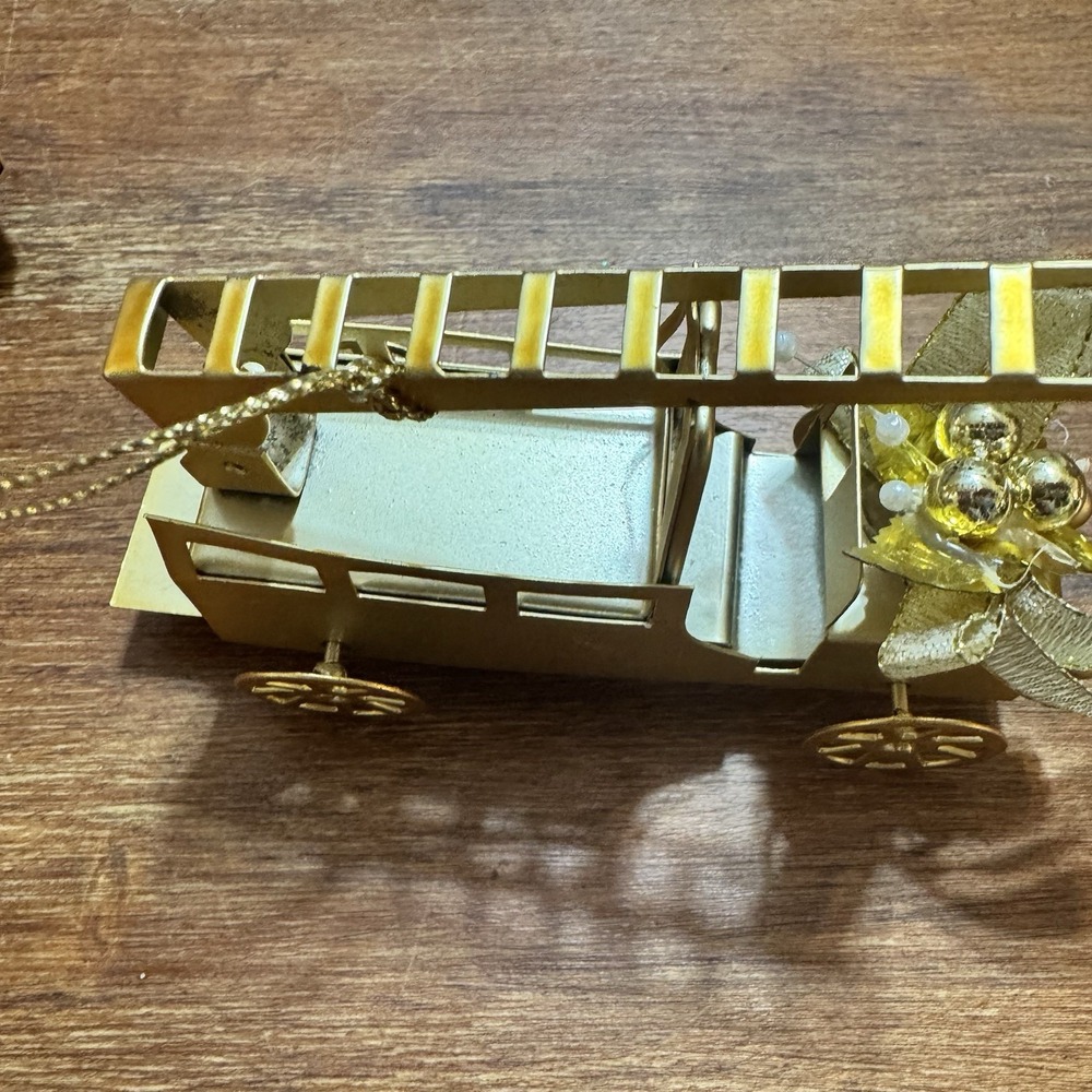 Vintage Gold Toned Metal Christmas Ornaments Featuring A Fire Truck And Boat - Picture 8 of 16